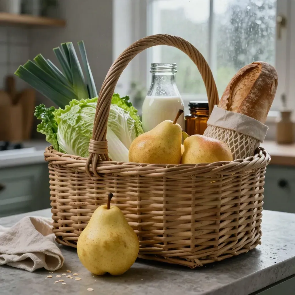 Matkorg med kål, päron, purjolök, havredryck och bröd i mjukt morgonljus.