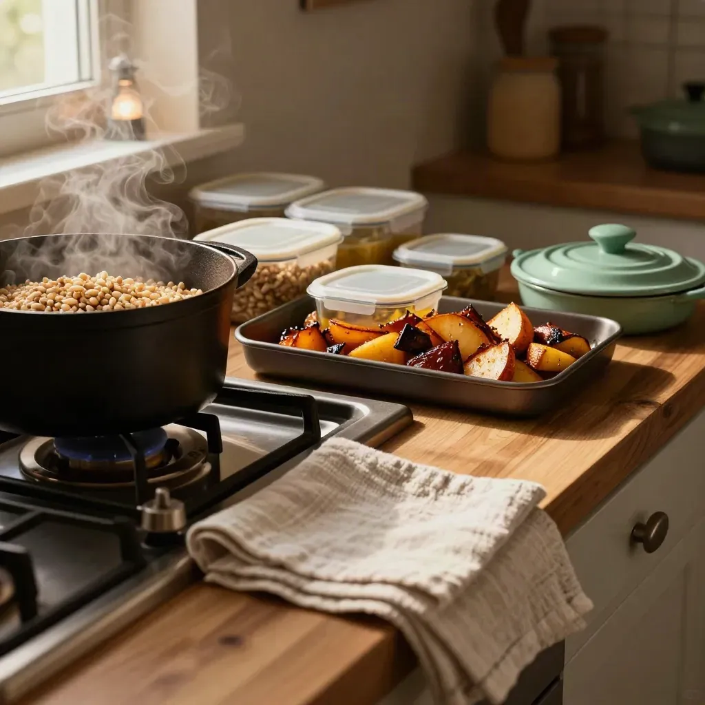Kök med gryta, rostade rotfrukter och matlådor som portioneras för veckan